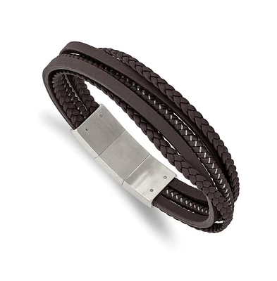 Chisel Stainless Steel Brushed Brown Leather Wire Bracelet