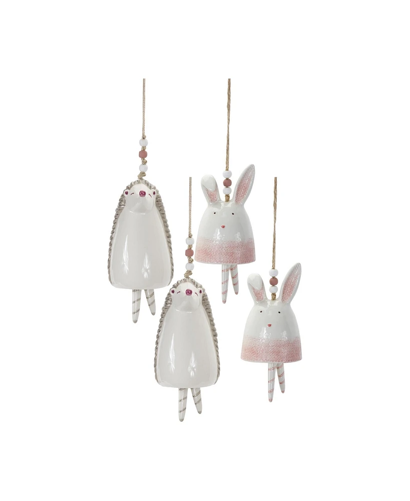 Slickblue Blush Bunny And Hedgehog Bell Hanging Garden Accent (Set of 4)