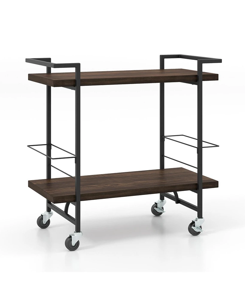 Slickblue 2-Tier Home Bar Cart with Lockable Wheels and Heavy-Duty Metal Frame-Rustic Brown