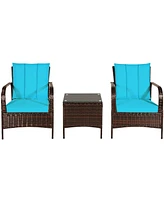 Gymax 3PCS Patio Rattan Conversation Set Outdoor Furniture Set w/ Turquoise Cushion