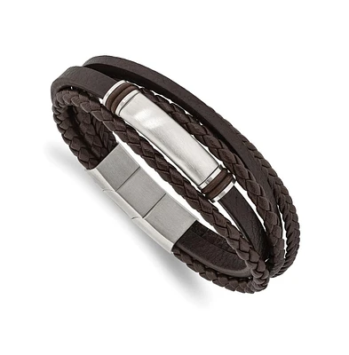 Chisel Stainless Steel Brushed Brown Leather Rubber Id Bracelet