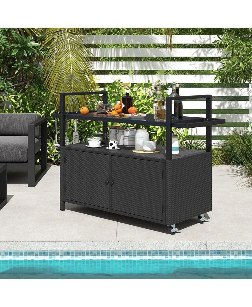 Slickblue Rolling Wicker Outdoor Bar Cart with Tempered Glass Top, Storage Cabinet, and Hooks
