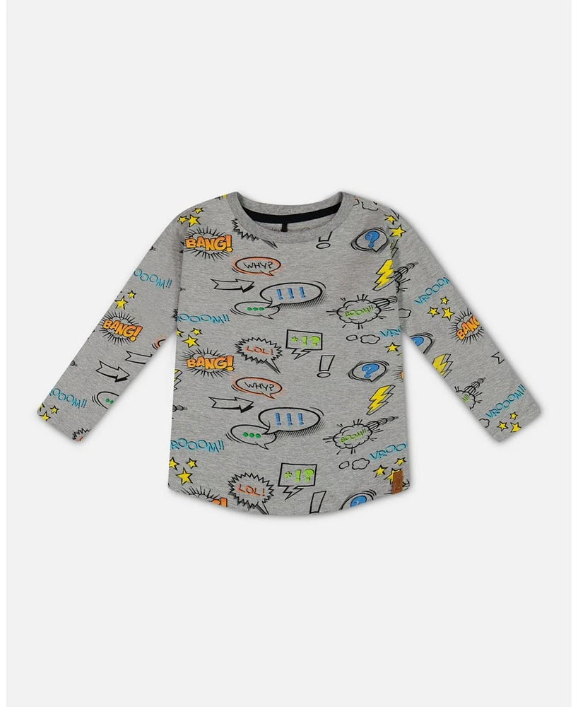 Deux par Big Boys Long Sleeve Printed T-Shirt Gray Mix