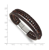 Chisel Stainless Steel Tiger's Eye Beaded Brown Leather Bracelet