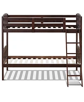 Sugift Hardwood Twin Bunk Bed Frames with Inclined Ladder and Safety Guardrails