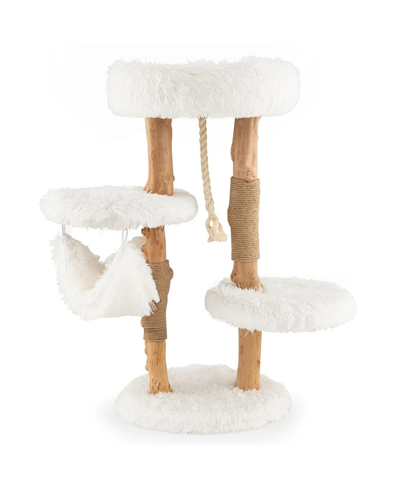 Slickblue Solid Wood Cat Tower with Jute Scratching Posts and Hanging Rope for Indoor Cats