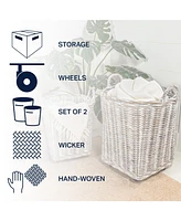 Jonathan Y Arbour Rustic Hand-Woven Rattan Nesting Baskets with Wheels and Handles, White Wash/Kubu Gray (Set of 2)