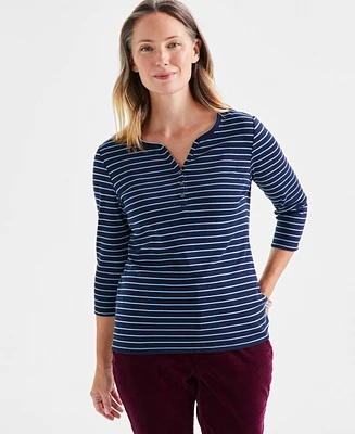 Style & Co Petite Striped Henley 3/4-Sleeve Top