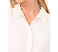CeCe Women's Floral-Applique Collared Long-Sleeve Blouse