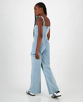 Tinseltown Juniors' Wide-Leg Square-Neck Tie-Front Cargo Jumpsuit