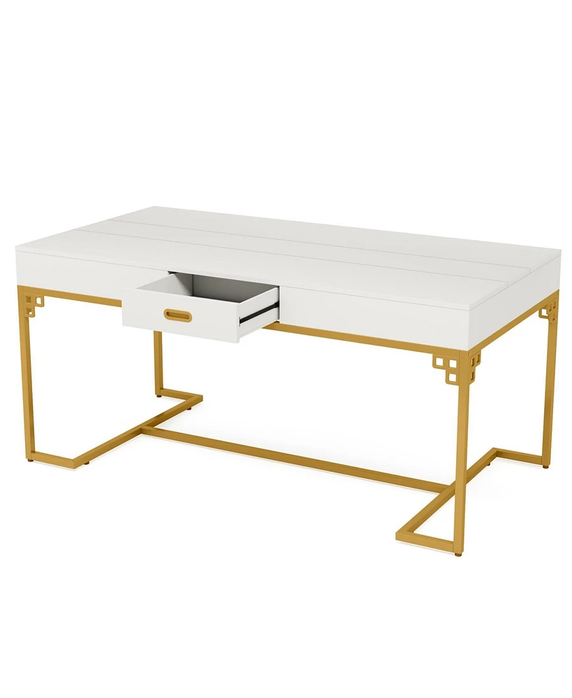 Tribesigns 63 Inches Dining Table for 4 to 6, Rectangular Kitchen Table with 2 Drawers, Modern Dinner Table with Gold Metal Frame for Dining Room, Kit