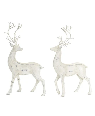 Slickblue Distressed Ivory Deer Figurine With Metal Antlers (Set of 2)