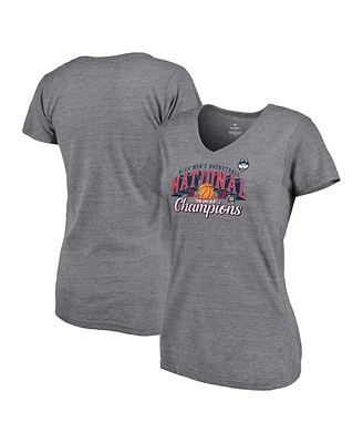 Fanatics Women's Heather Gray UConn Huskies 2024 Ncaa Men's Basketball National Champions Specific V-Neck T-Shirt