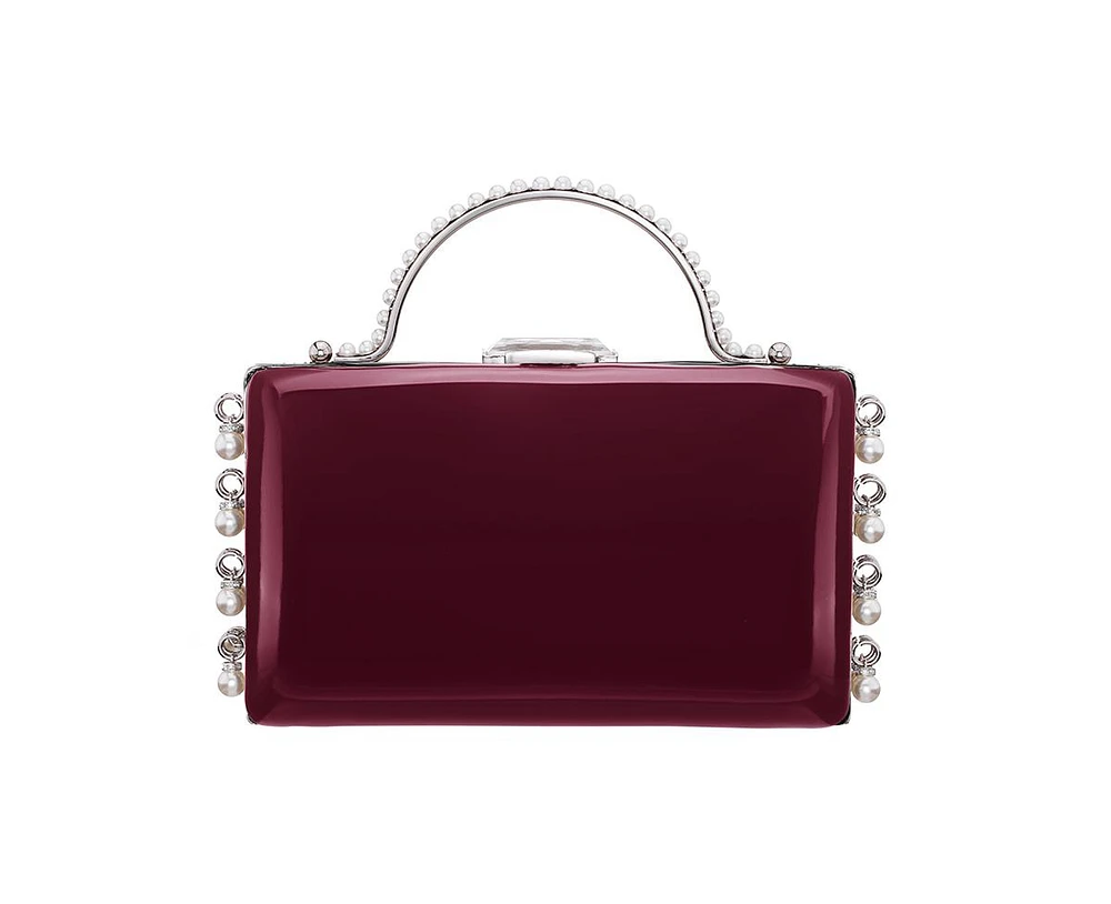 Nina Imitation Pearl Dangle Patent Minaudiere Clutch