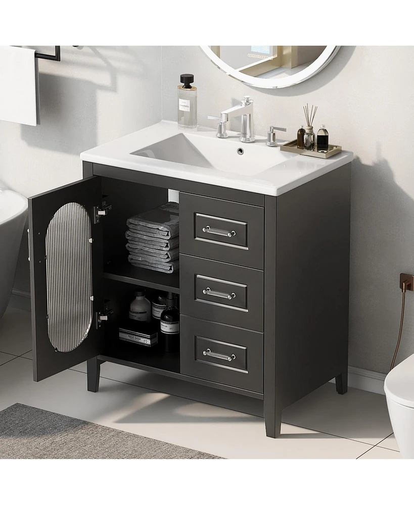 Streamdale Furniture 30" Bathroom Vanity with Sink, Cabinet, Drawers, Adjustable Shelf, Solid Wood & Mdf