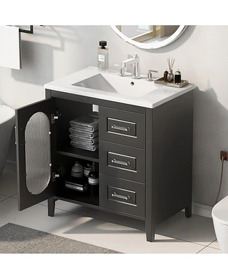 Simplie Fun 30" Bathroom Vanity with Sink, Cabinet, Drawers, Adjustable Shelf, Solid Wood & Mdf