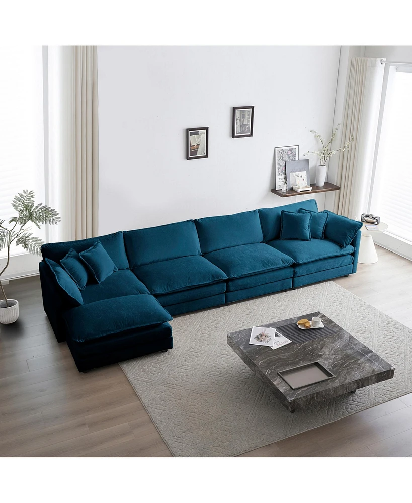 Simplie Fun 5-Seater U-Shaped Sectional Sofa with Ottoman, Blue Chenille