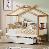 Whimsical House Bed with Drawers and Bookshelves