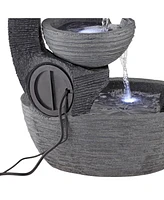 John Timberland Three Cup Japanese Style Outdoor Floor Water Fountain with Light Led 31 1/2" High Gray Faux Stone Cascading for Patio Backyard Deck Ho