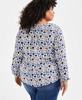 Style & Co Plus Printed Split-Neck Popover Blouse