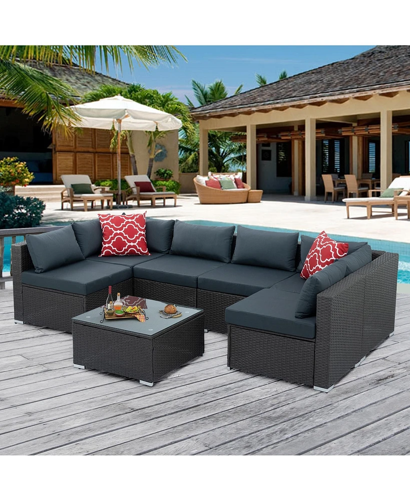 Simplie Fun 7-Piece Pe Wicker Patio Furniture Set with Tempered Glass Table