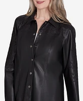 Alfred Dunner Women's Runway Ready Floral Embroidered Faux Leather Jacket