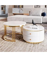 Streamdale Furniture Modern 2-Piece White Round Nesting Coffee Table with Drawers