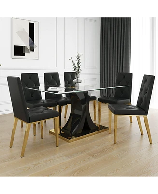 Simplie Fun Elegant Glass Dining Set with Gold-Plated Chairs (Set of 7)