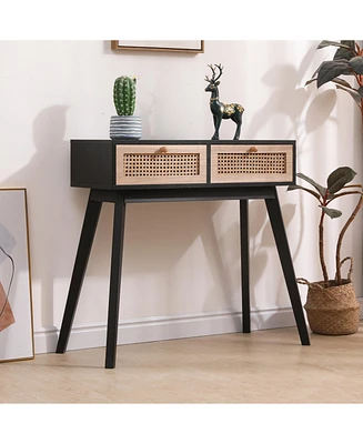 Simplie Fun Rattan Drawer Side Table with Solid Wood Legs