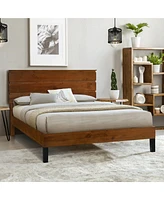 Simplie Fun Mid-Century Modern Solid Wood Queen Bed with Unique Headboard