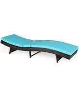 Gymax Foldable Patio Rattan Chaise Lounge Chair w/5 Back Positions Turquoise Cushion