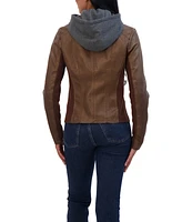 Sebby Collection Women's Zip Front Faux Leather Jacket With Removeable Hood Bib