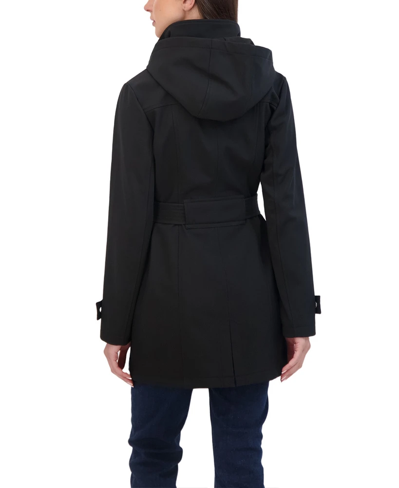 Sebby Collection Women's Belted Zip Front Soft Shell Trench Coat With Detachable Hood