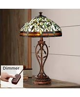 Blossoming Leaf Vine Traditional Tiffany Style Table Lamp with Table Top Dimmer 26" High Bronze Stained Glass Shade Decor for Living Room Bedroom