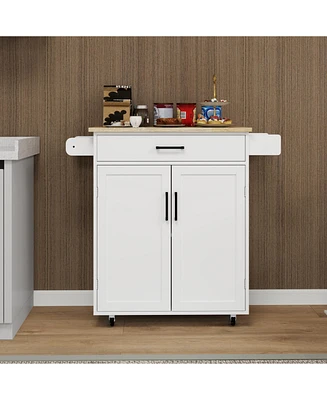 Simplie Fun Kitchen Island Cart with Drawer, Doors, Shelves, Towel Rack, Seasoning Rack