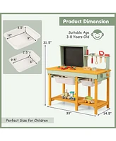 Costway Kids Wooden Toy Workbench with Storage Space & Blackboard Tool Accessories for Boys