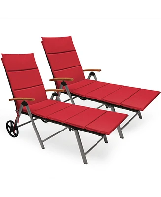 Gymax 2PCS Folding Patio Rattan Lounge Chair Cushioned Aluminum Adjust Wheel Red