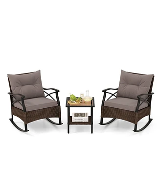 Slickblue 3-Piece Outdoor Rattan Rocking Chairs Set with 2-Tier Side Table for Garden and Backyard