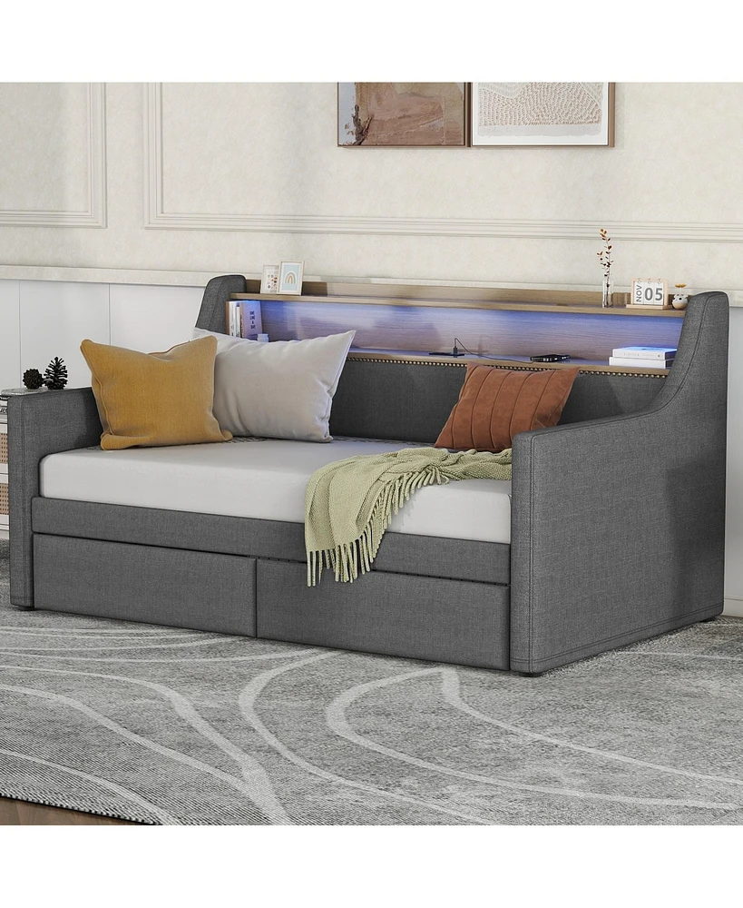 Simplie Fun Twin Daybed with Storage, Charging Station, Led Lights, and Linen Fabric