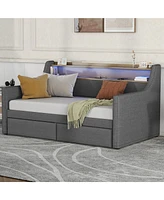 Simplie Fun Twin Daybed with Storage, Charging Station, Led Lights, and Linen Fabric