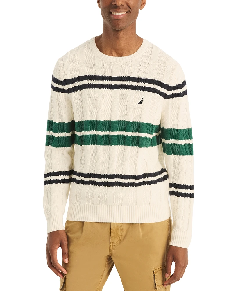 Nautica Men's Long Sleeve Striped Cable Knit Crewneck Sweater