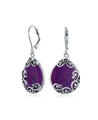 Bling Jewelry Western Style Teardrop Scroll Filigree Scroll Stabilized Purple Turquoise Lever Back Dangle Earrings For Women .925 Sterling Silver