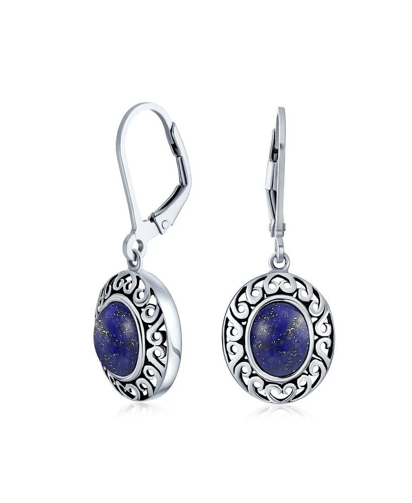 Bling Jewelry Western Style Blue Lapis Lazuli Gemstone Oval Bezel Set Lever Back Dangle Earrings For Women Oxidized .925 Sterling Silver