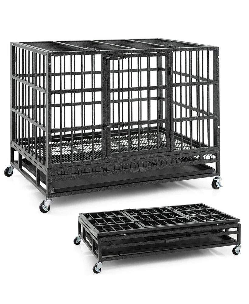 Slickblue 38 Inch Foldable Heavy-Duty Metal Dog Cage with Lockable Rolling Casters and Tray-38 inches