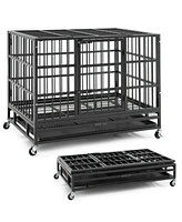 Slickblue 38 Inch Foldable Heavy-Duty Metal Dog Cage with Lockable Rolling Casters and Tray-38 inches