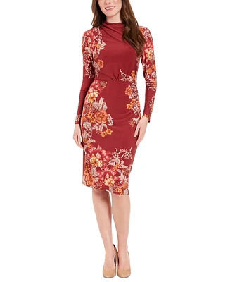 London Times Women's Mock-Turtleneck Floral Sheath Dress