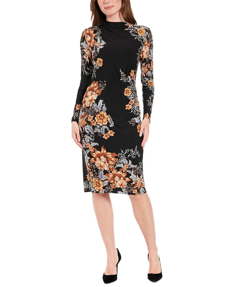 London Times Women's Mock-Turtleneck Floral Sheath Dress