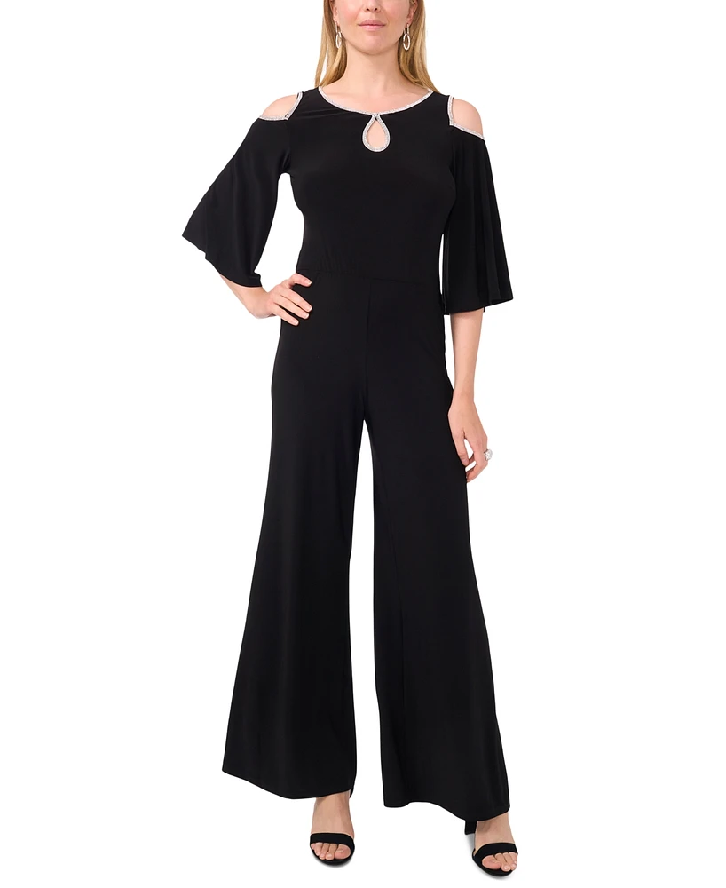 Msk Women's Rhinestone Trim Cold Shoulder Wide-Leg Jumpsuit