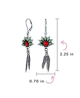 Bling Jewelry South West Native American Style Squash Blossom Natural Turquoise Coral Feather Lever Back Dangle Earrings For Women Sterling Silver