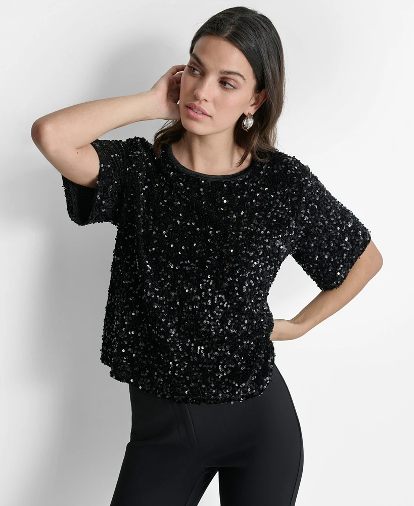 Dkny Women's Round-Neck Stretch Velvet Short-Sleeve Sequin Top